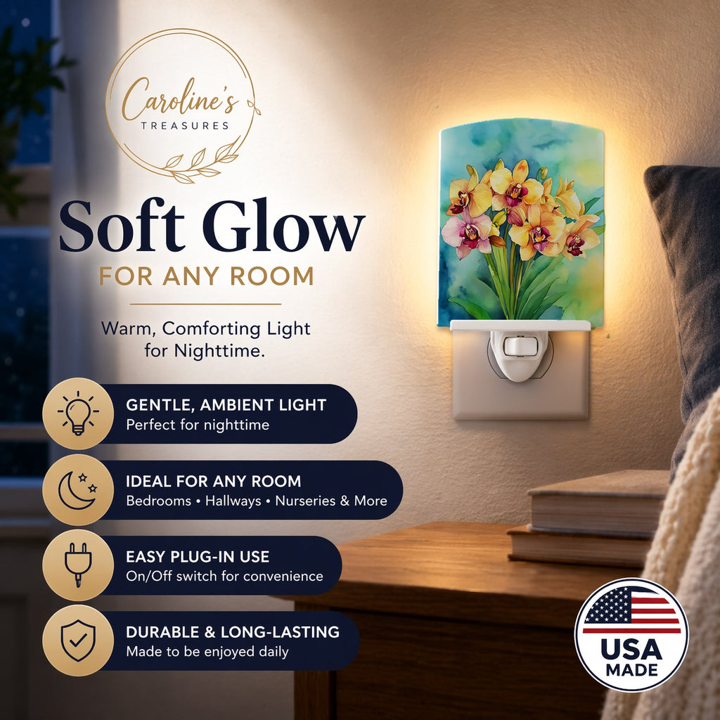 Orchids in Watercolor Ceramic Night Light Compact, UL-Certified, Ideal for Bedroom, Bathroom, Nursery, Hallway, Kitchen, 6x4x3, Multicolor
