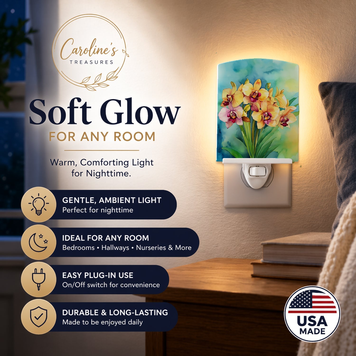 Orchids in Watercolor Ceramic Night Light Compact, UL-Certified, Ideal for Bedroom, Bathroom, Nursery, Hallway, Kitchen, 6x4x3, Multicolor