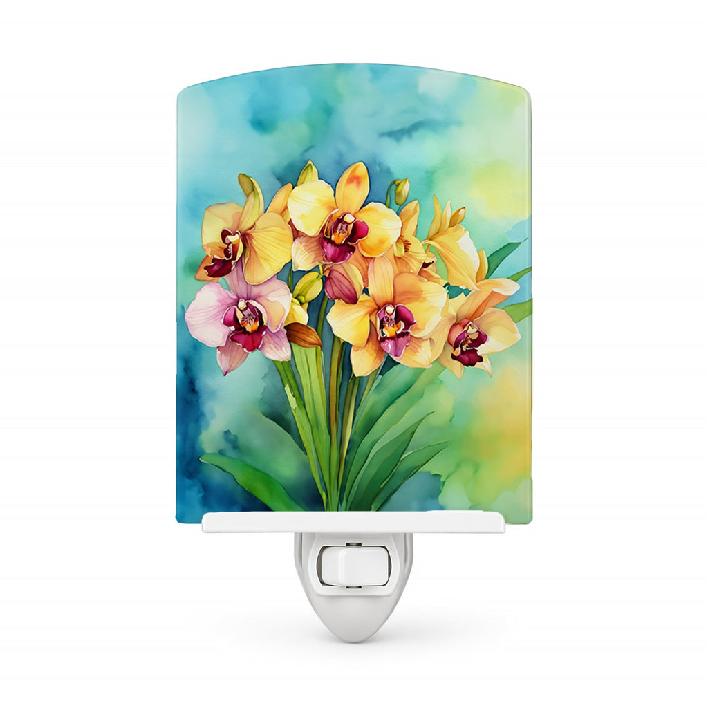 Orchids in Watercolor Ceramic Night Light Compact, UL-Certified, Ideal for Bedroom, Bathroom, Nursery, Hallway, Kitchen, 6x4x3, Multicolor