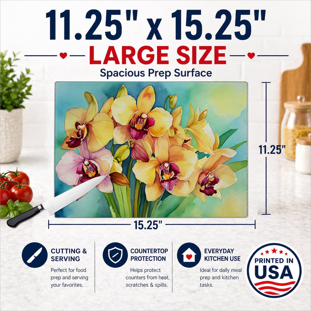 Orchids in Watercolor Cutting Board Tempered Glass Kitchen Cutting Surface, Heat Resistant Chopping, Non-Slip Feet, Food Prep & Serving