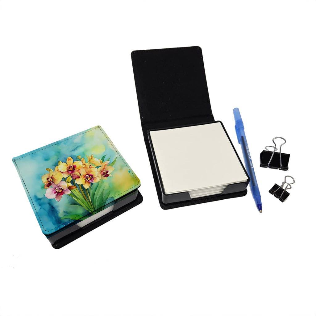 Orchids in Watercolor PU Leather Note Paper Holder with Artist-Designed Cover, Desk Accessory, Office Gift