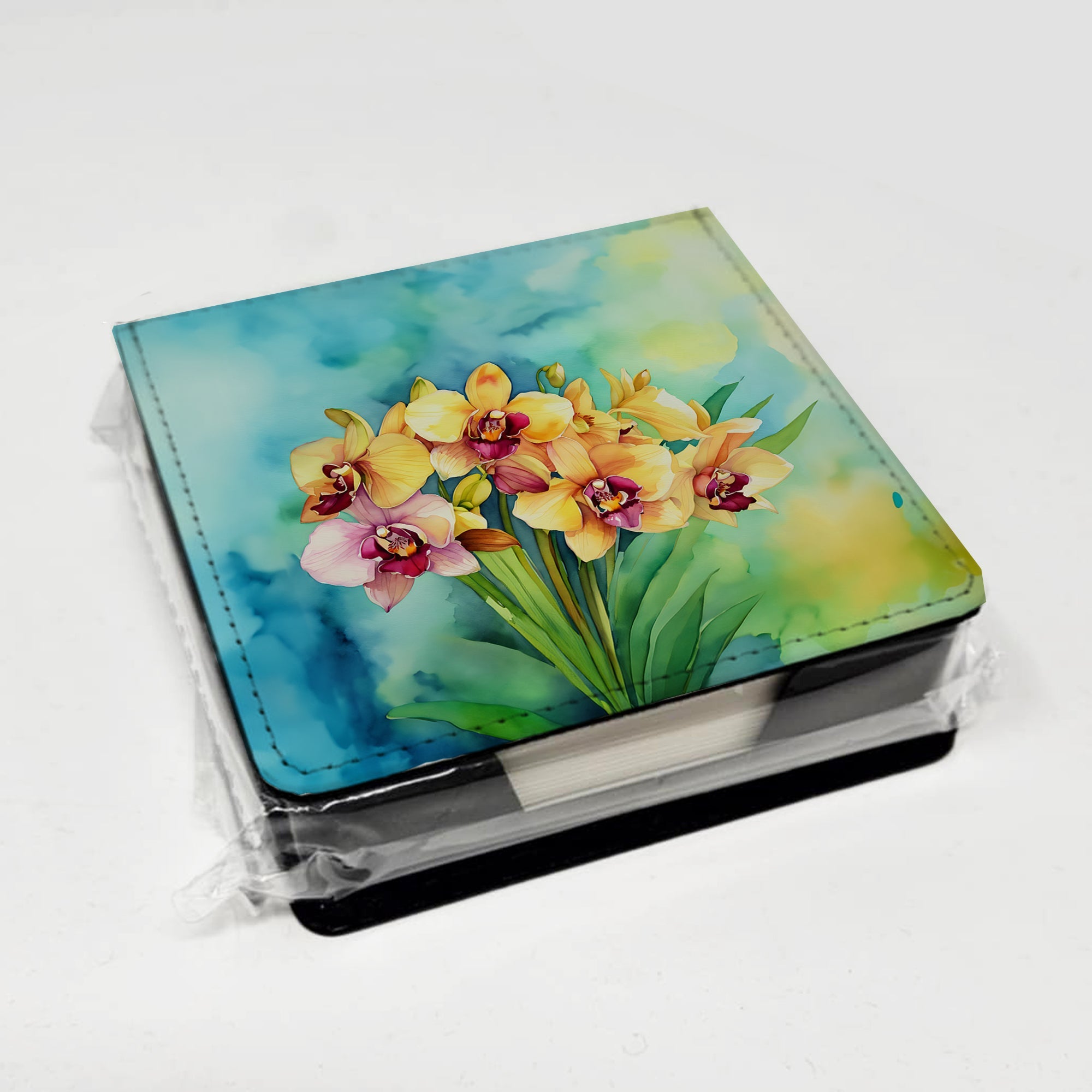 Orchids in Watercolor PU Leather Note Paper Holder with Artist-Designed Cover, Desk Accessory, Office Gift