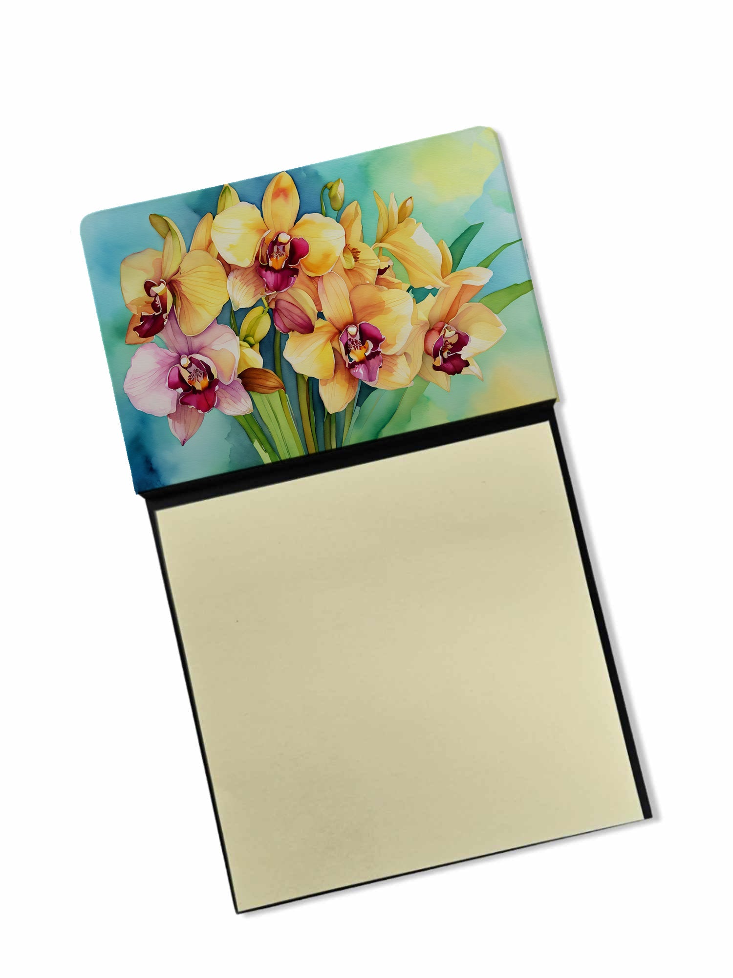 Orchids in Watercolor Watercolor Sticky Note Holder Refillable Dispenser Desk Accessory 3x3 Pad Gift