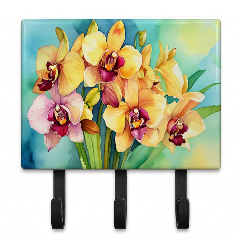Orchids in Watercolor Leash or Key Holder Wall Hooks, Coat Rack Wall Mount, for Hanging Keys, Towels, Aprons, Leashes
