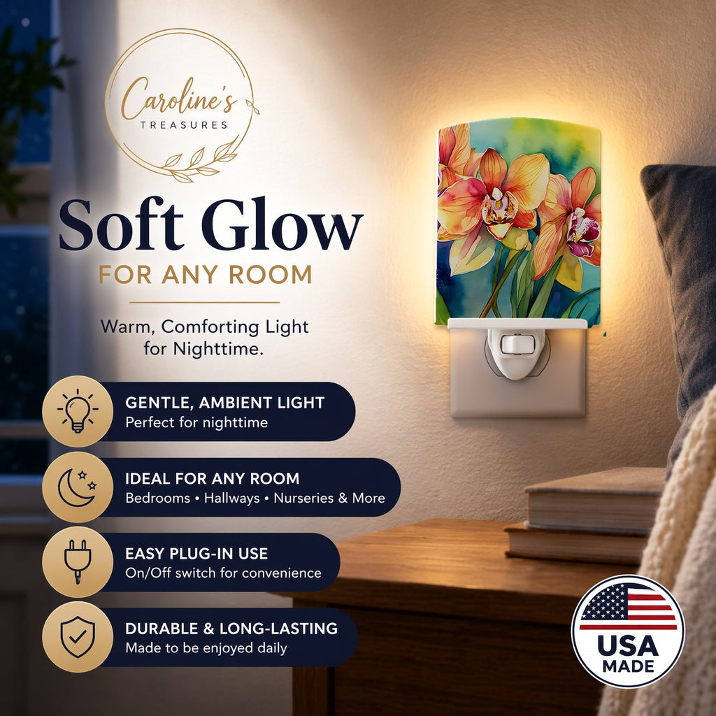 Orchids in Watercolor Ceramic Night Light Compact, UL-Certified, Ideal for Bedroom, Bathroom, Nursery, Hallway, Kitchen, 6x4x3, Multicolor