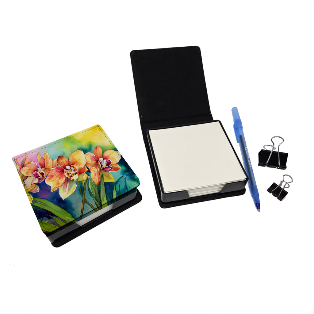 Orchids in Watercolor PU Leather Note Paper Holder with Artist-Designed Cover, Desk Accessory, Office Gift