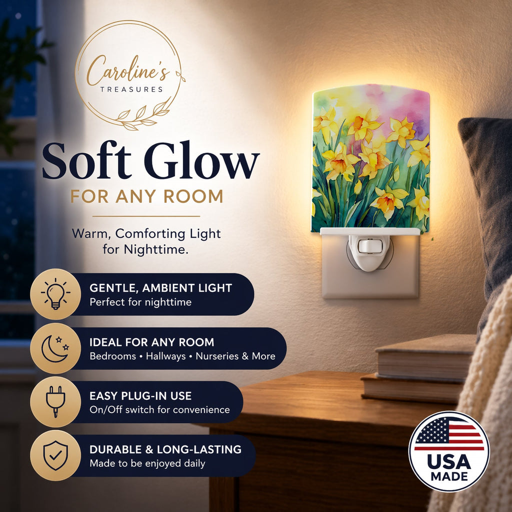 Daffodils in Watercolor Ceramic Night Light Compact, UL-Certified, Ideal for Bedroom, Bathroom, Nursery, Hallway, Kitchen, 6x4x3, Multicolor