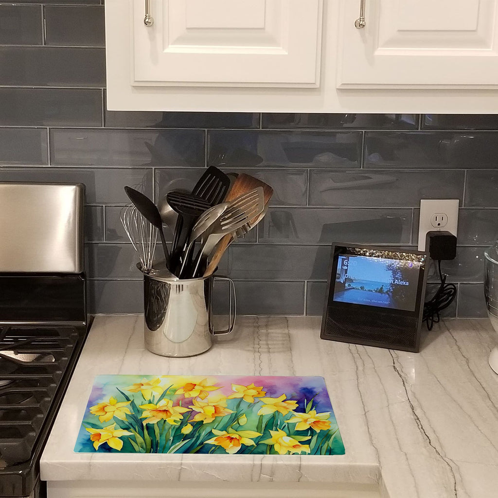 Daffodils in Watercolor Cutting Board Tempered Glass Kitchen Cutting Surface, Heat Resistant Chopping, Non-Slip Feet, Food Prep & Serving