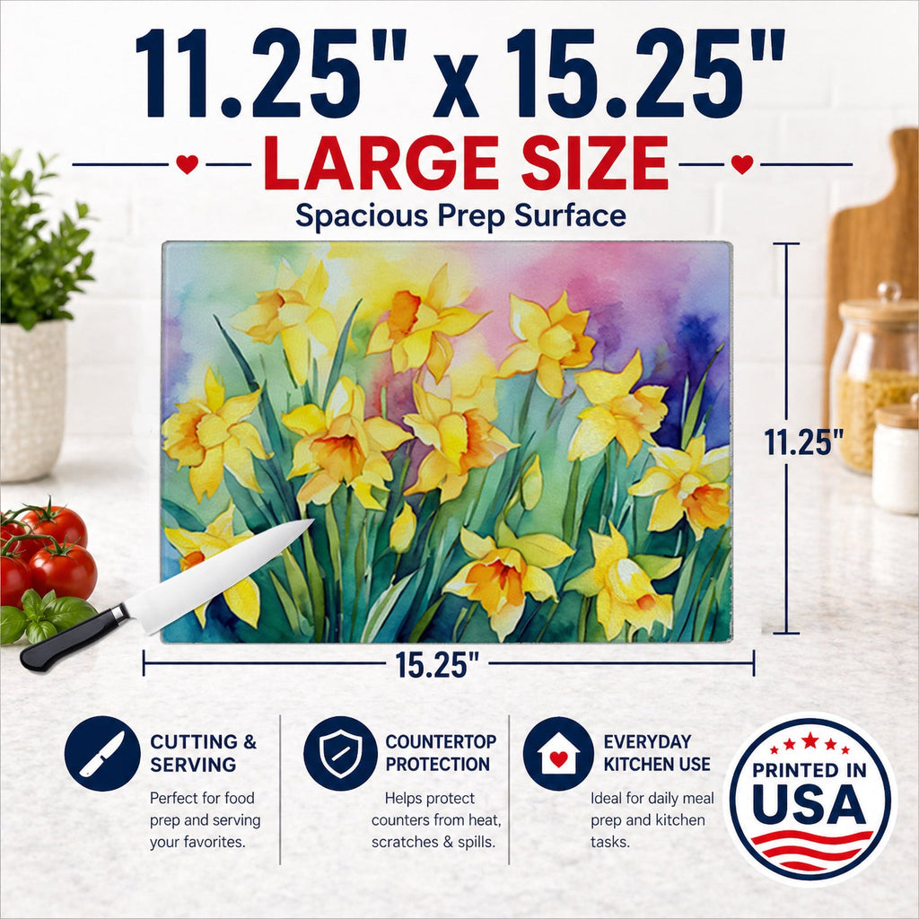 Daffodils in Watercolor Cutting Board Tempered Glass Kitchen Cutting Surface, Heat Resistant Chopping, Non-Slip Feet, Food Prep & Serving