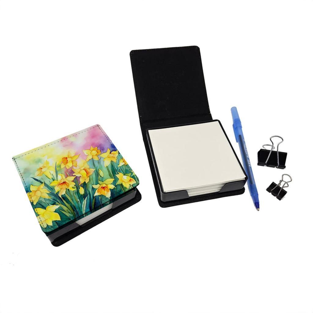 Daffodils in Watercolor PU Leather Note Paper Holder with Artist-Designed Cover, Desk Accessory, Office Gift