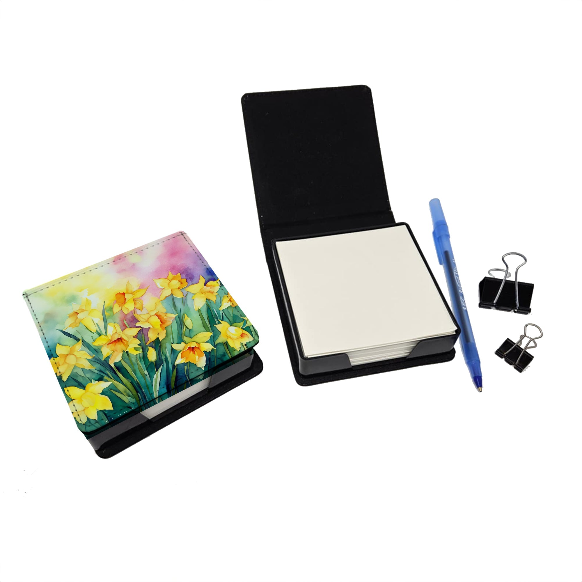 Daffodils in Watercolor PU Leather Note Paper Holder with Artist-Designed Cover, Desk Accessory, Office Gift