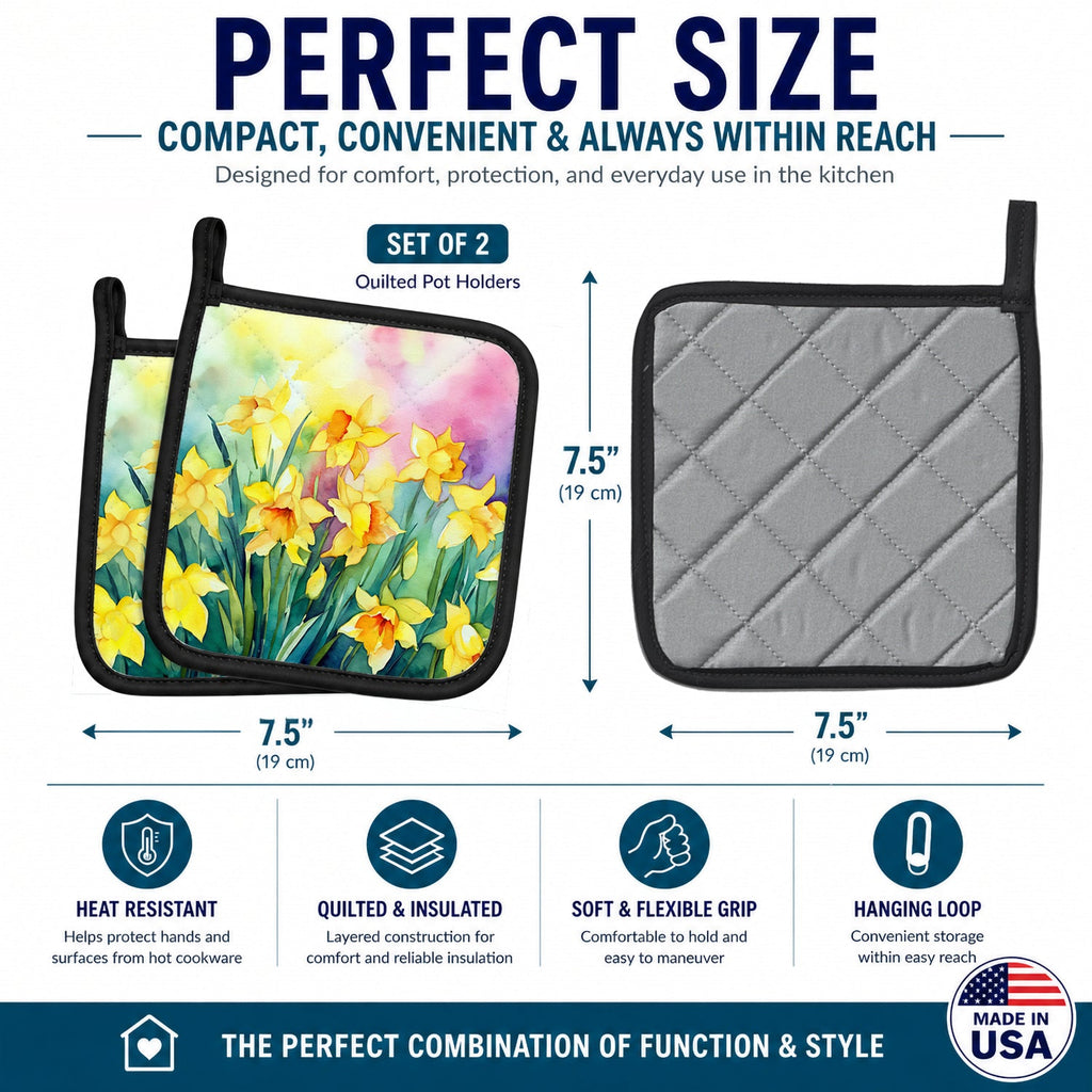 Daffodils in Watercolor Pot Holder Set of 2 Heat Resistant Quilted Hot Pads 7.5 x 7.5 Inch, Insulated Kitchen Trivets for Cooking & Baking