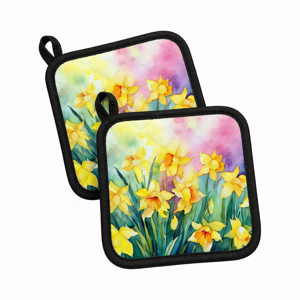 Daffodils in Watercolor Pot Holder Set of 2 Heat Resistant Quilted Hot Pads 7.5 x 7.5 Inch, Insulated Kitchen Trivets for Cooking & Baking
