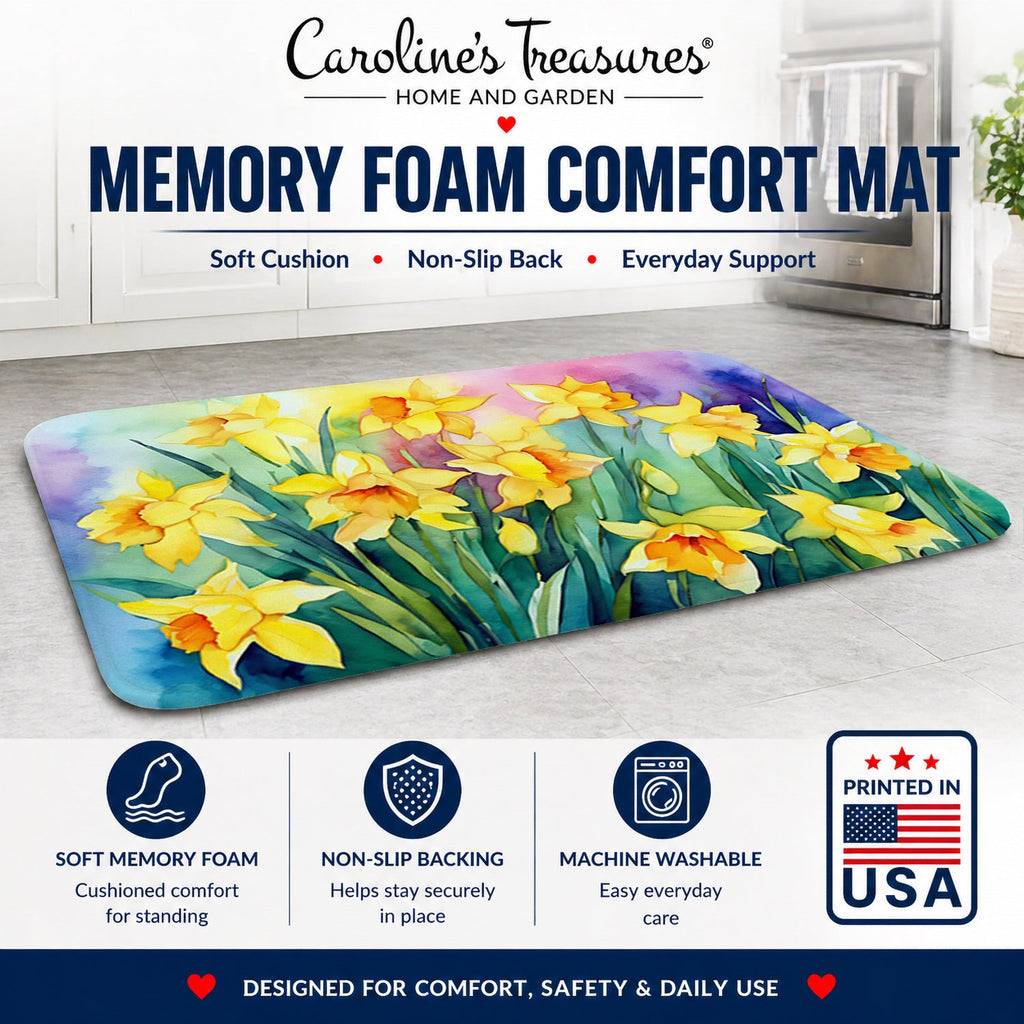 Daffodils in Watercolor Memory Foam Kitchen Mat Machine Washable Anti-Fatigue Cushion Comfort Bath or Kitchen Rug