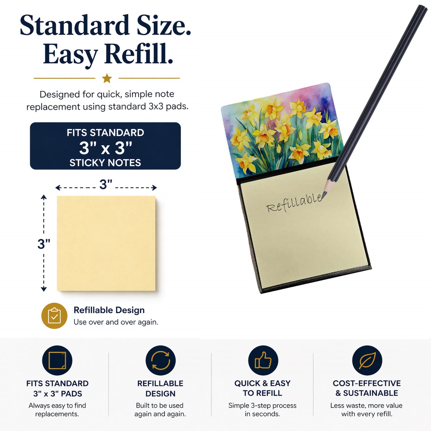 Daffodils in Watercolor Watercolor Sticky Note Holder Refillable Dispenser Desk Accessory 3x3 Pad Gift