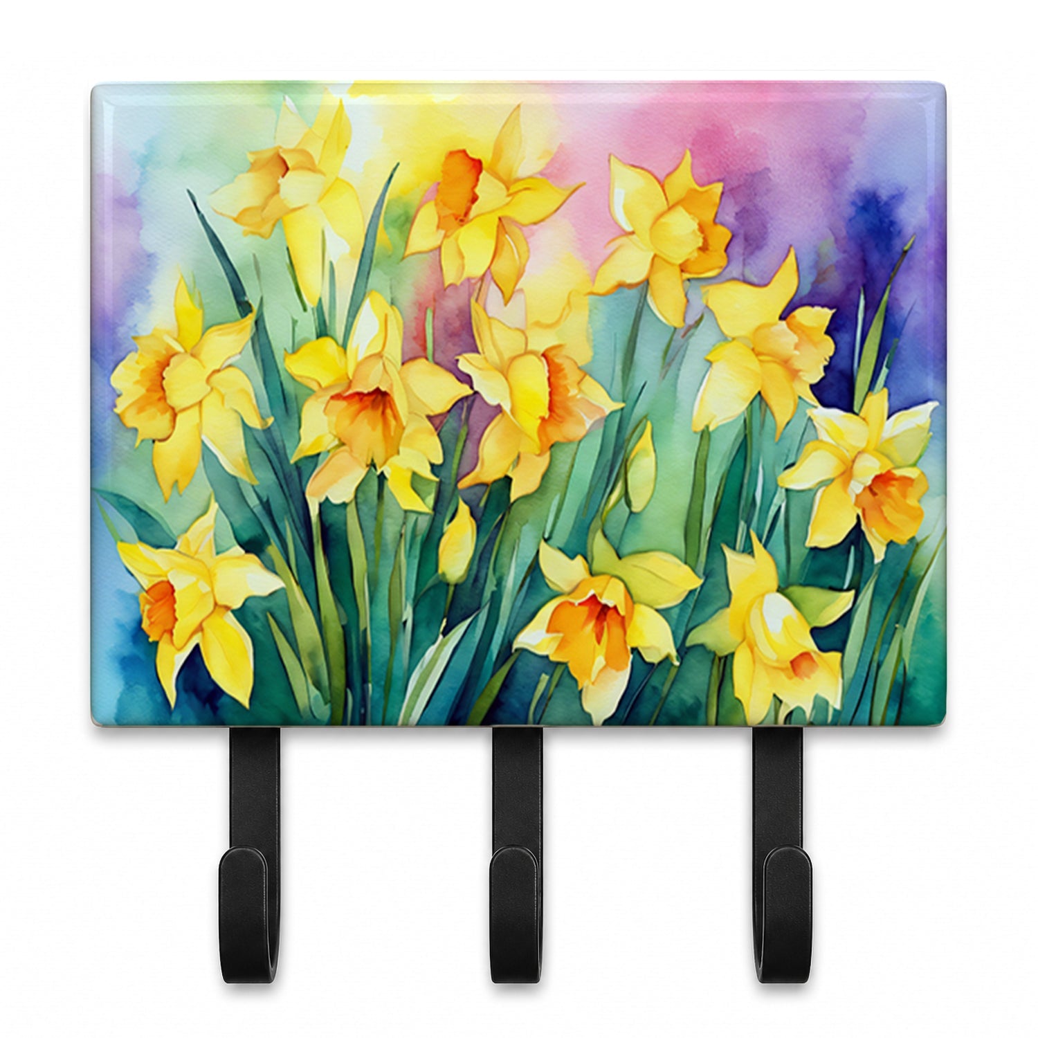 Daffodils in Watercolor Leash or Key Holder Wall Hooks, Coat Rack Wall Mount, for Hanging Keys, Towels, Aprons, Leashes