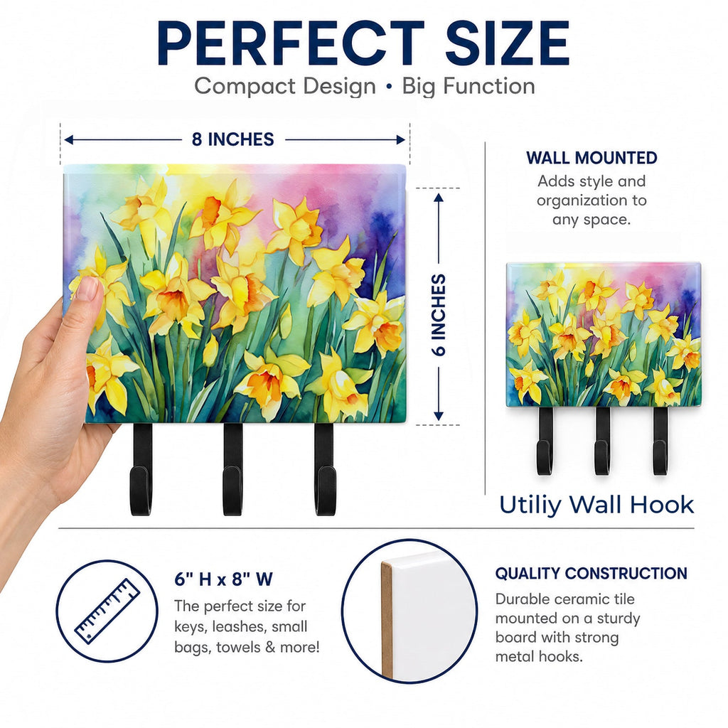 Daffodils in Watercolor Leash or Key Holder Wall Hooks, Coat Rack Wall Mount, for Hanging Keys, Towels, Aprons, Leashes