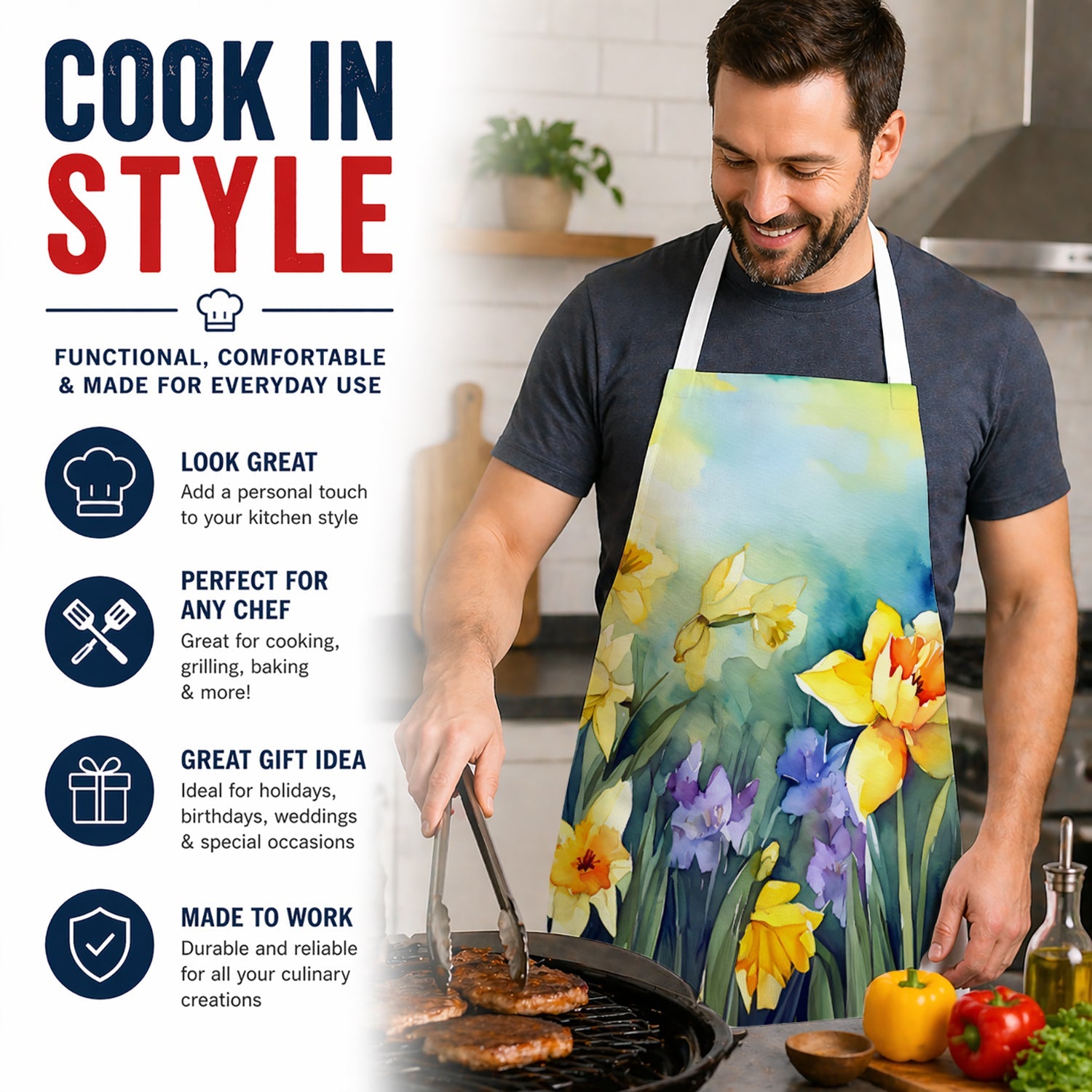 Daffodils in Watercolor Apron Cooking Kitchen Server Baking Crafts Gardening for Adult Women Men, Unisex, Large, Multicolor