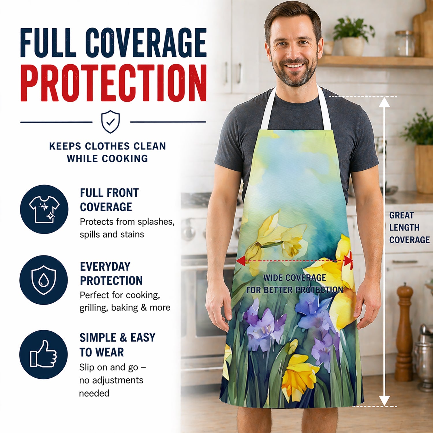 Daffodils in Watercolor Apron Cooking Kitchen Server Baking Crafts Gardening for Adult Women Men, Unisex, Large, Multicolor