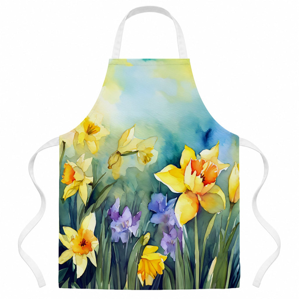 Daffodils in Watercolor Apron Cooking Kitchen Server Baking Crafts Gardening for Adult Women Men, Unisex, Large, Multicolor