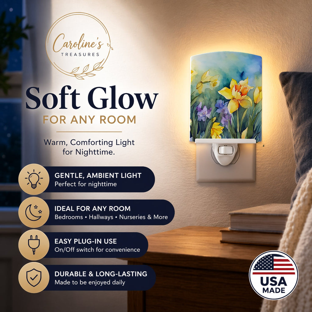 Daffodils in Watercolor Ceramic Night Light Compact, UL-Certified, Ideal for Bedroom, Bathroom, Nursery, Hallway, Kitchen, 6x4x3, Multicolor