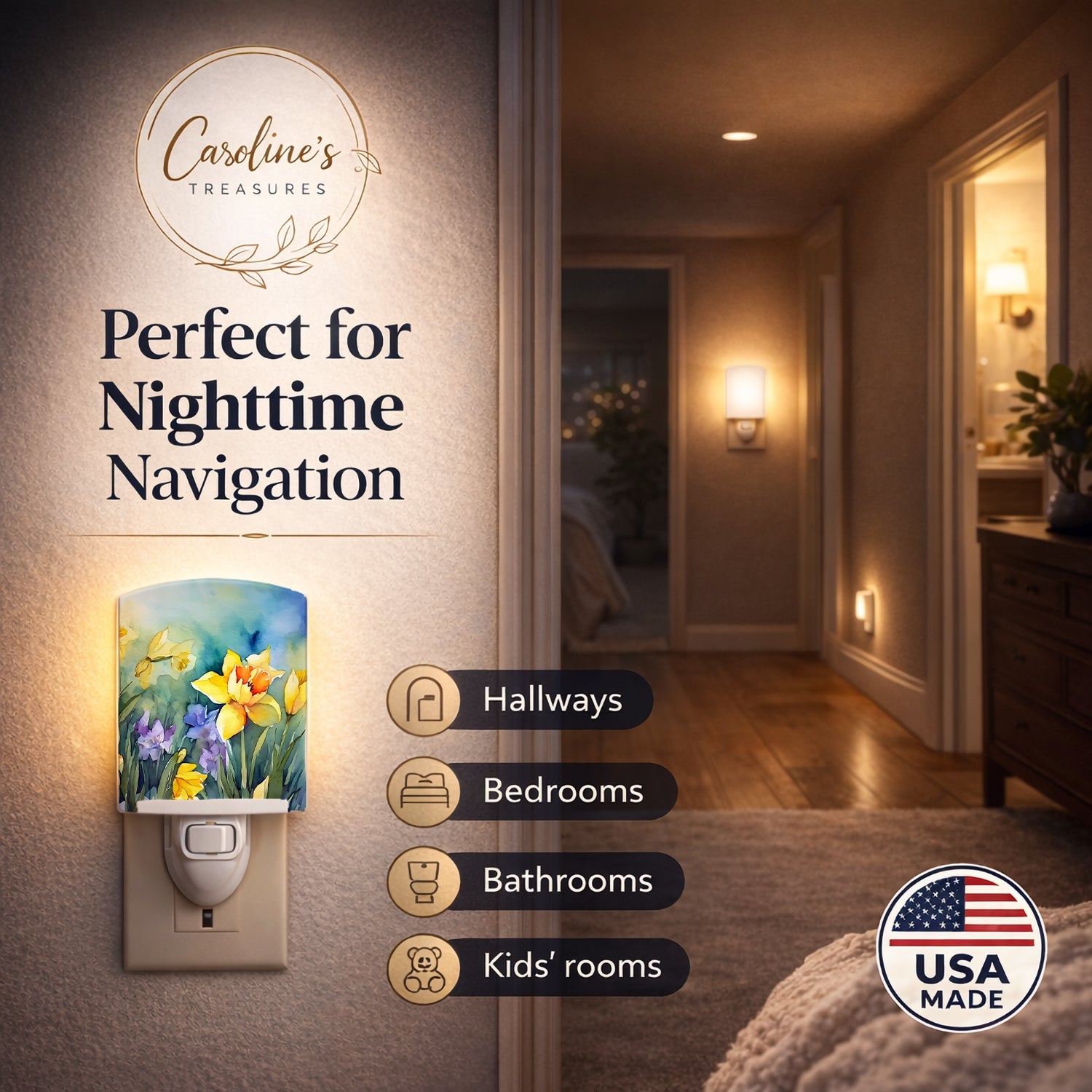 Daffodils in Watercolor Ceramic Night Light Compact, UL-Certified, Ideal for Bedroom, Bathroom, Nursery, Hallway, Kitchen, 6x4x3, Multicolor