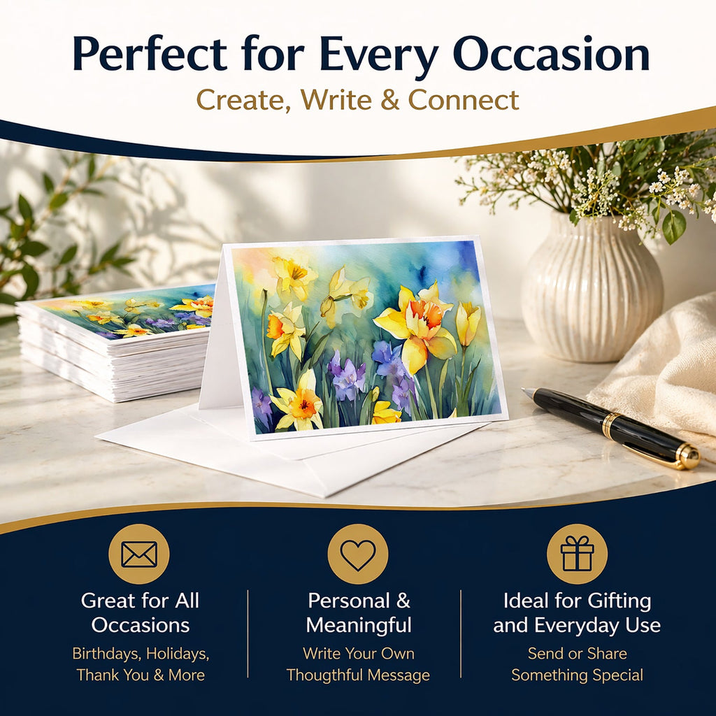 Daffodils in Watercolor Greeting Cards Pack of 8 Blank Cards with Envelopes Whimsical A7 Size 5x7