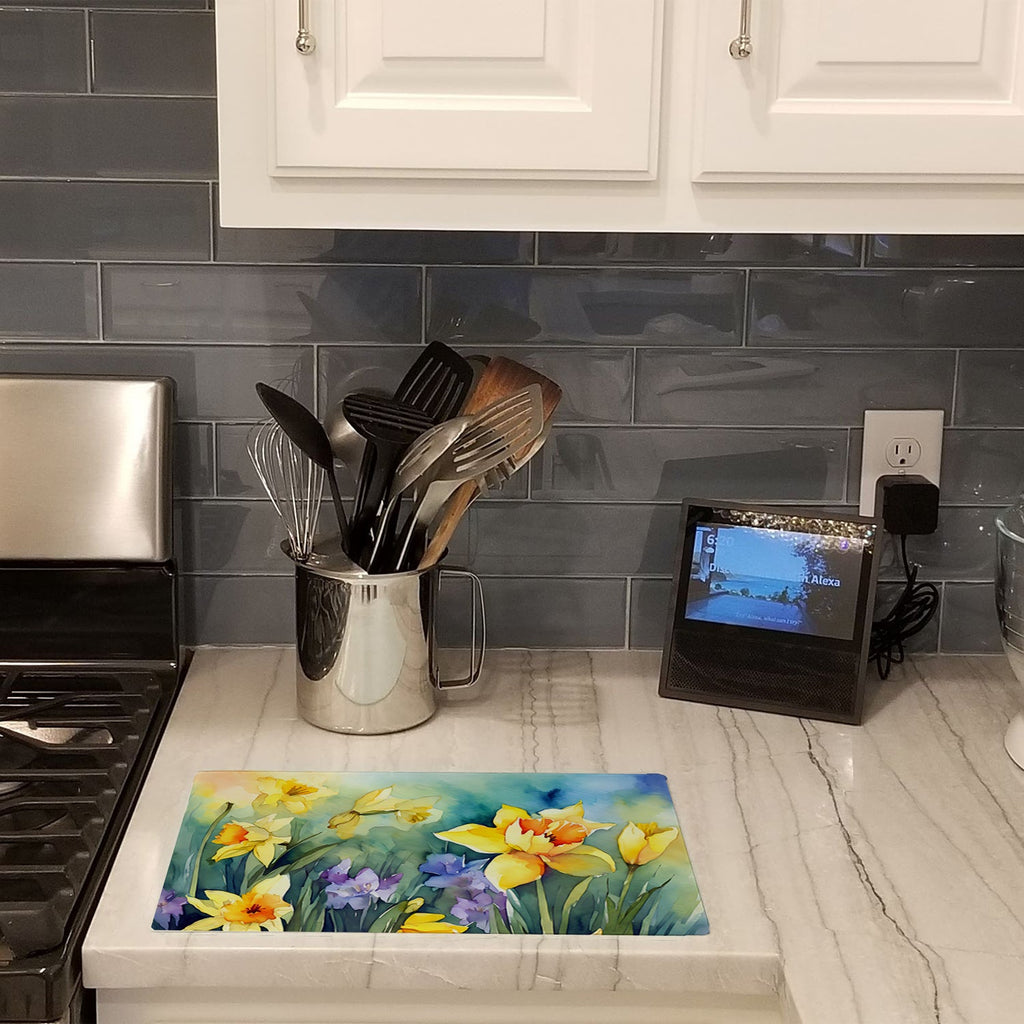 Daffodils in Watercolor Cutting Board Tempered Glass Kitchen Cutting Surface, Heat Resistant Chopping, Non-Slip Feet, Food Prep & Serving