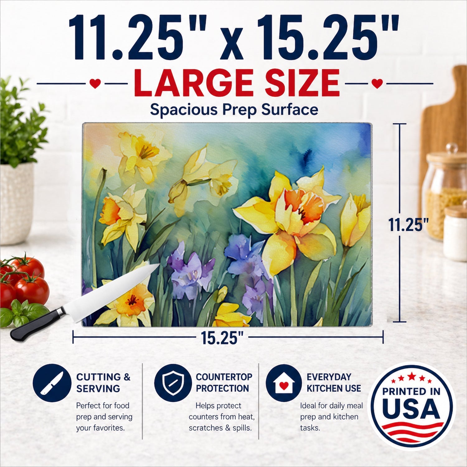 Daffodils in Watercolor Cutting Board Tempered Glass Kitchen Cutting Surface, Heat Resistant Chopping, Non-Slip Feet, Food Prep & Serving