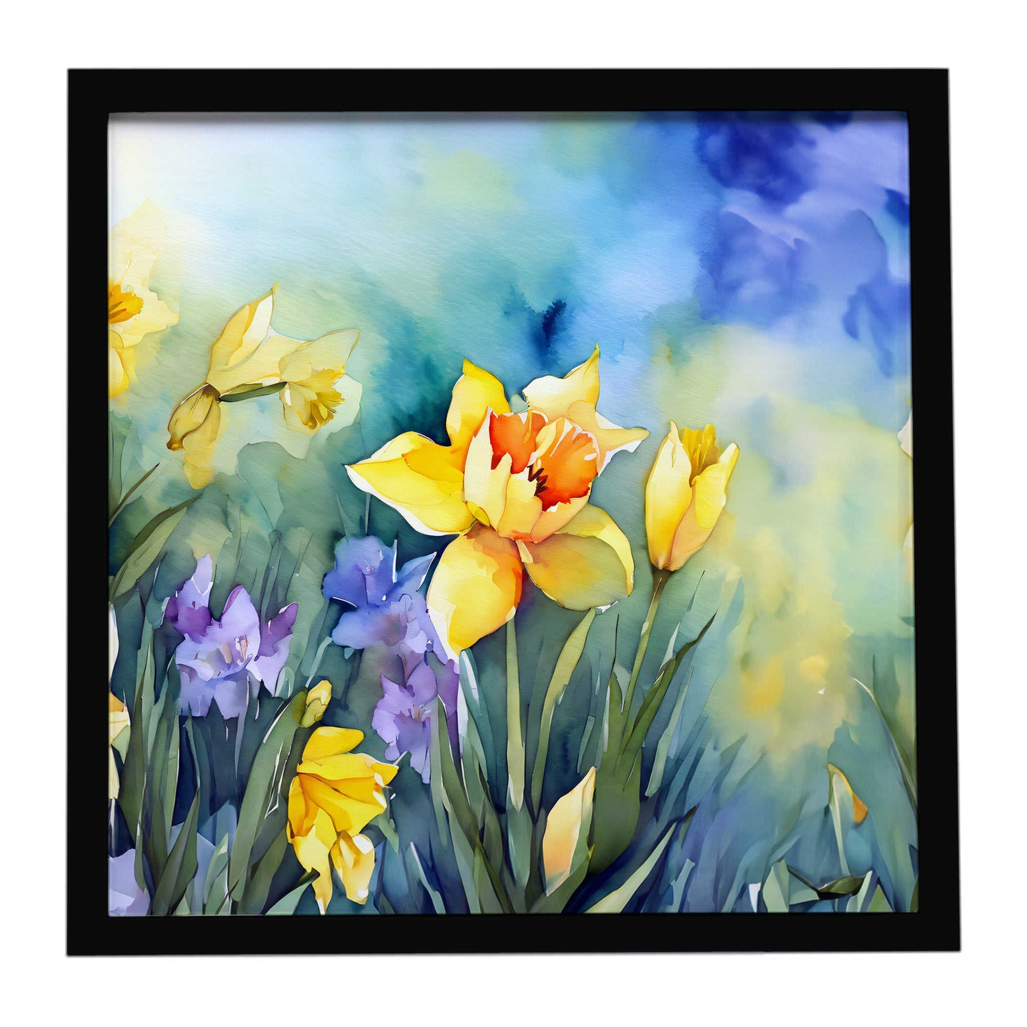 Daffodils in Watercolor Framed Metal Print Bathroom, Kitchen, Office, Home Decor Wall Art Ready to Hang, Square, 8X8