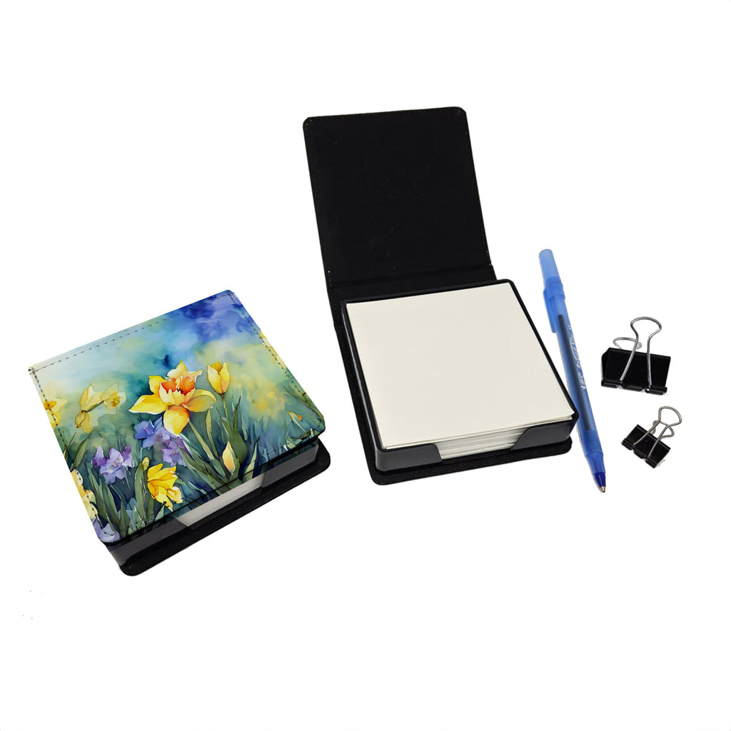 Daffodils in Watercolor PU Leather Note Paper Holder with Artist-Designed Cover, Desk Accessory, Office Gift