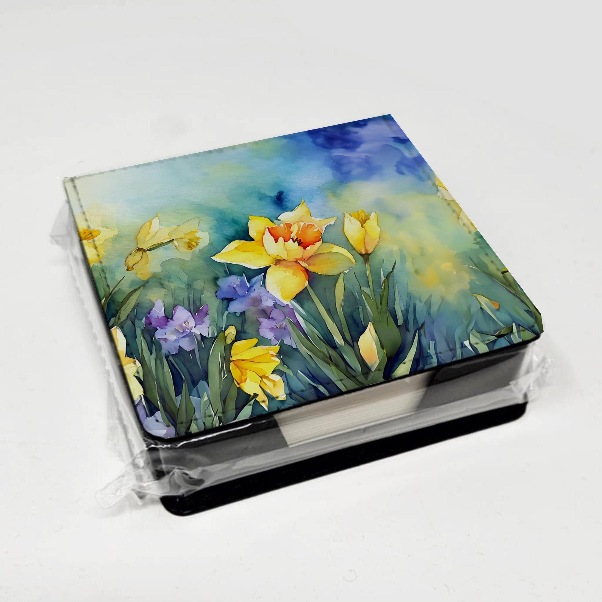 Daffodils in Watercolor PU Leather Note Paper Holder with Artist-Designed Cover, Desk Accessory, Office Gift
