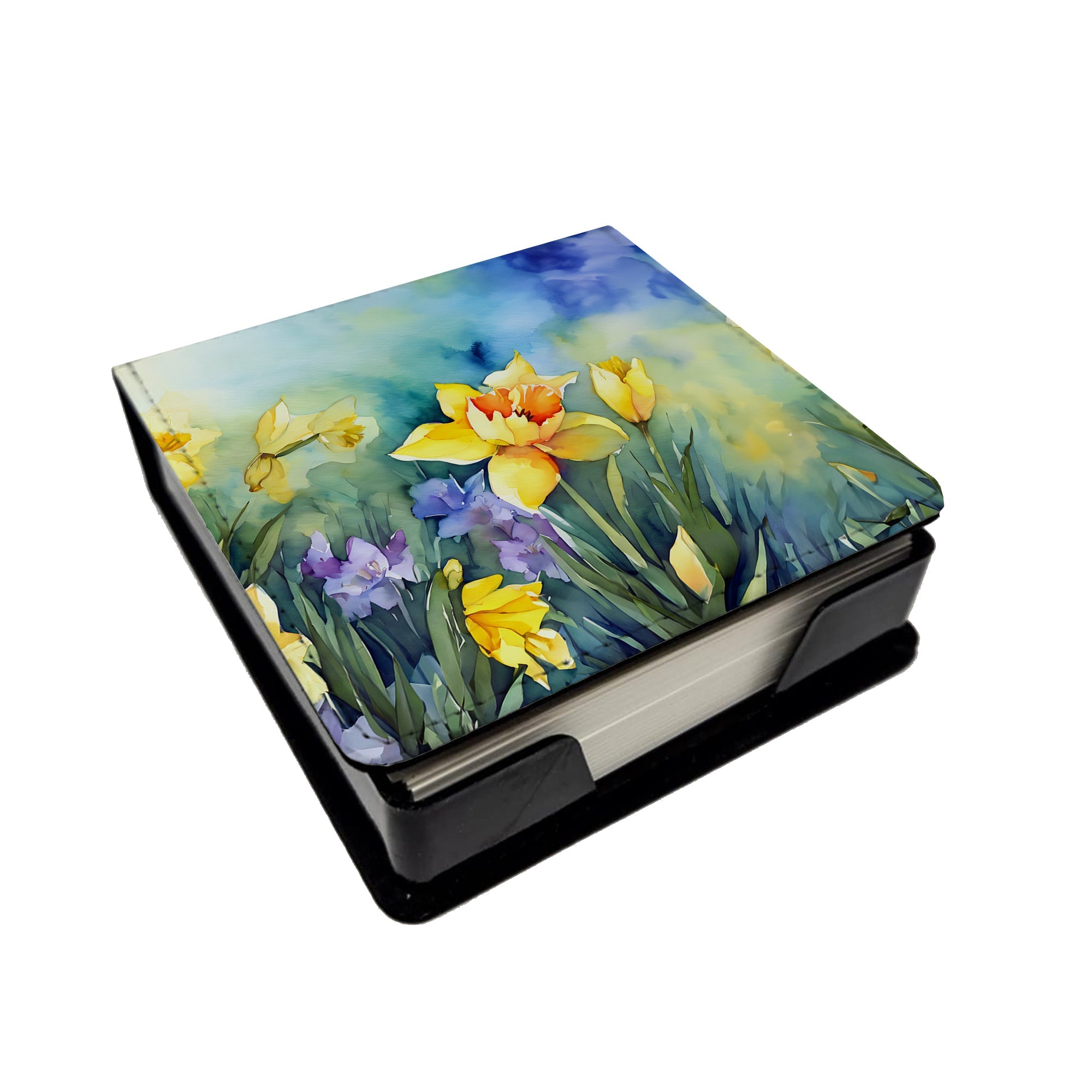Daffodils in Watercolor PU Leather Note Paper Holder with Artist-Designed Cover, Desk Accessory, Office Gift