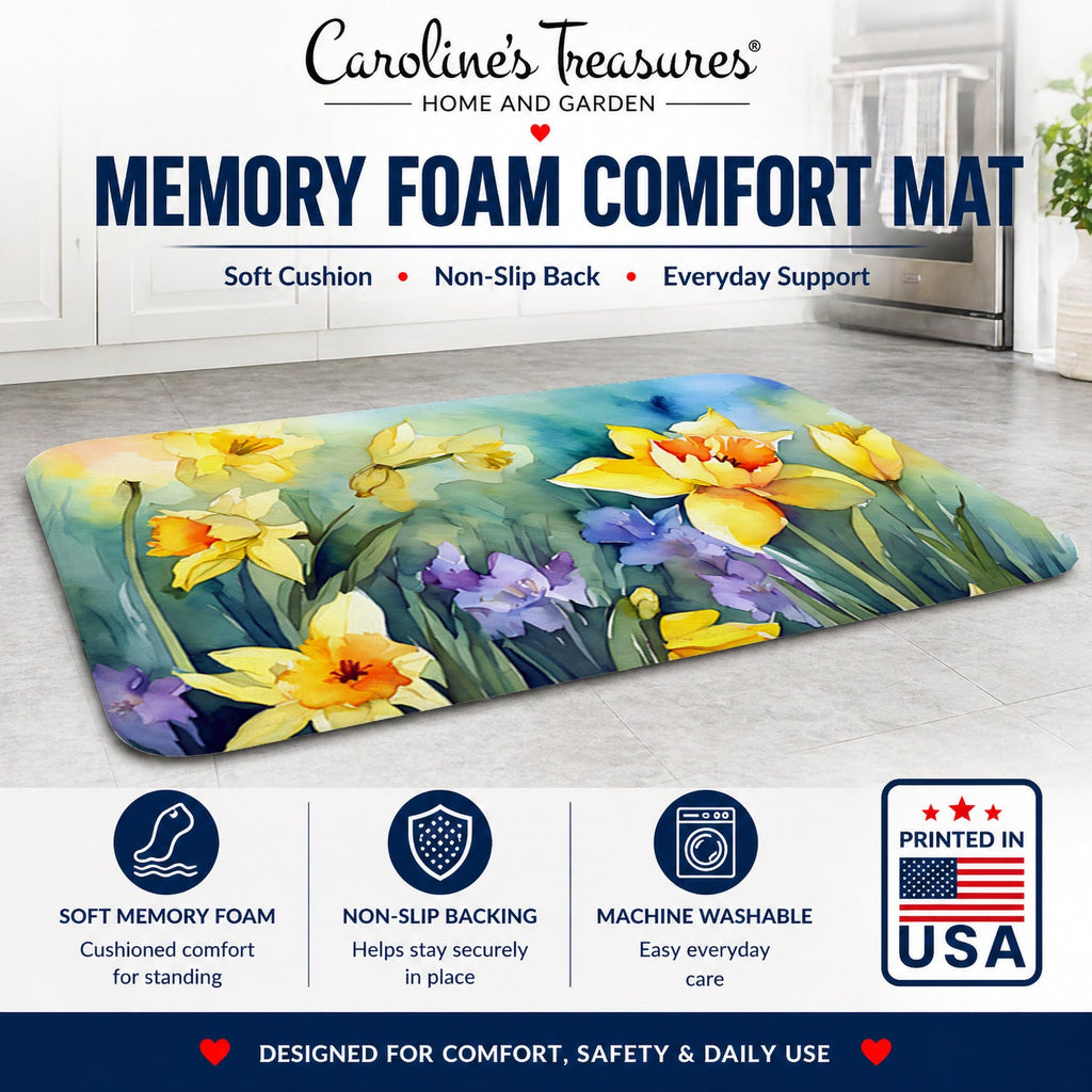 Daffodils in Watercolor Memory Foam Kitchen Mat Machine Washable Anti-Fatigue Cushion Comfort Bath or Kitchen Rug