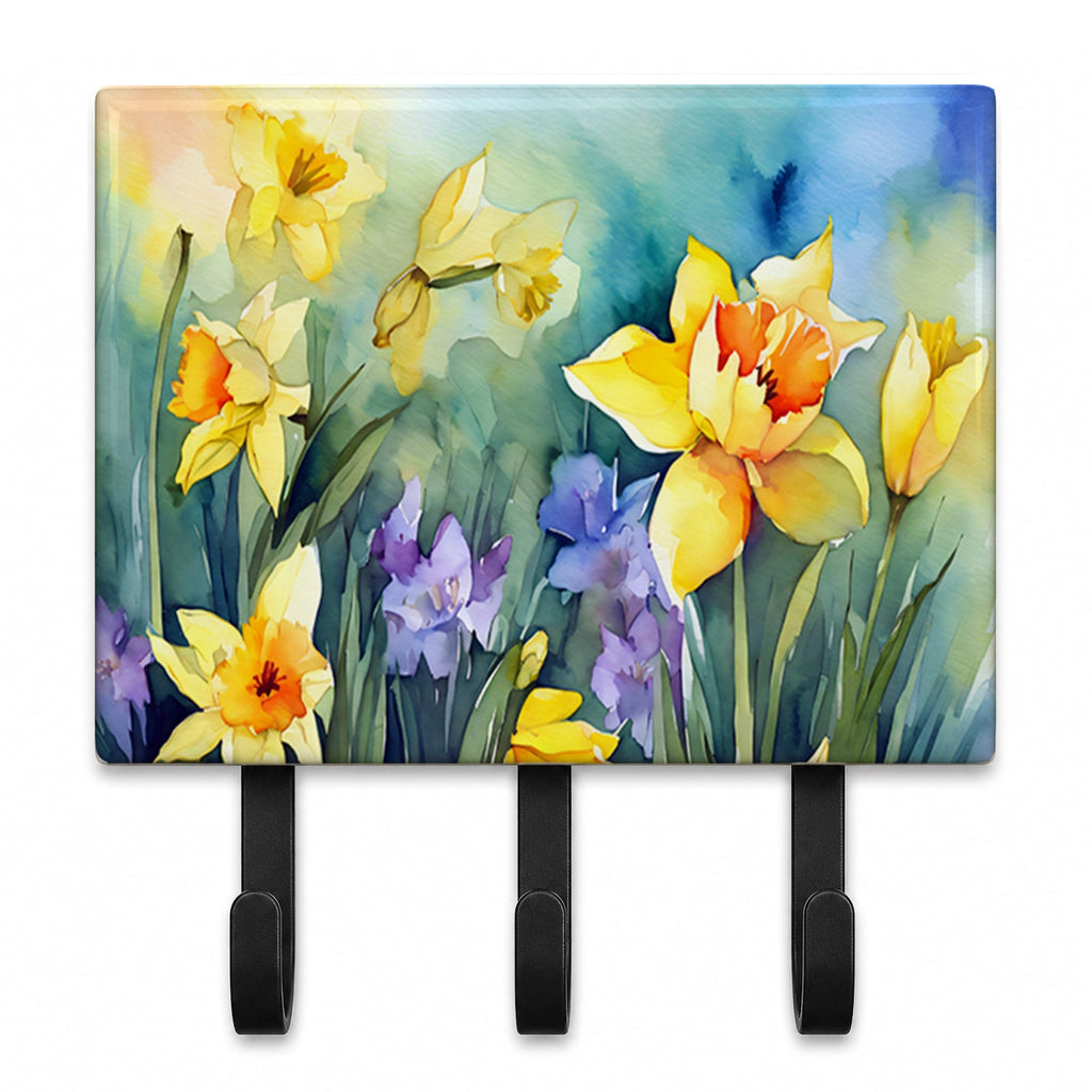 Daffodils in Watercolor Leash or Key Holder Wall Hooks, Coat Rack Wall Mount, for Hanging Keys, Towels, Aprons, Leashes