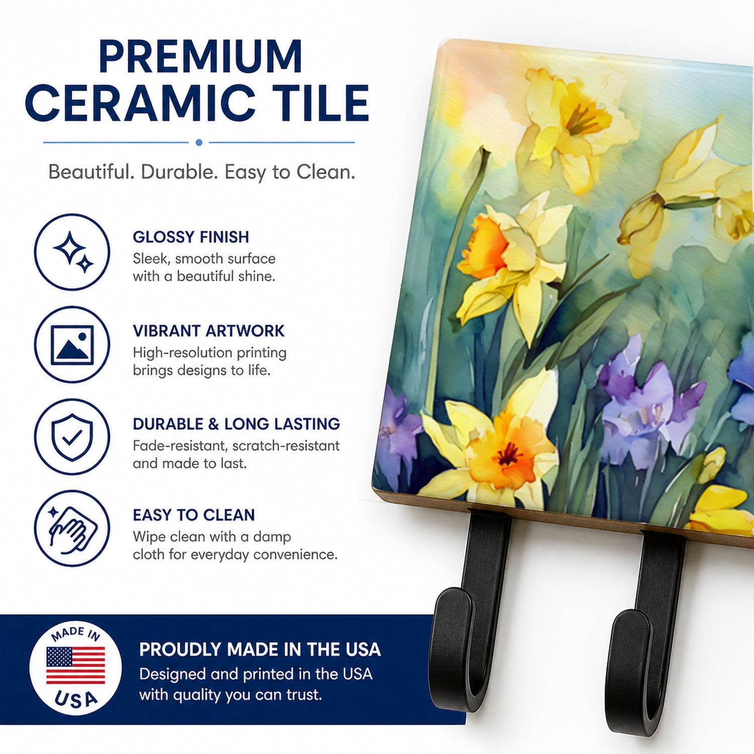 Daffodils in Watercolor Leash or Key Holder Wall Hooks, Coat Rack Wall Mount, for Hanging Keys, Towels, Aprons, Leashes