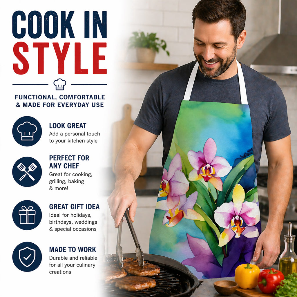 Orchids in Watercolor Apron Cooking Kitchen Server Baking Crafts Gardening for Adult Women Men, Unisex, Large, Multicolor