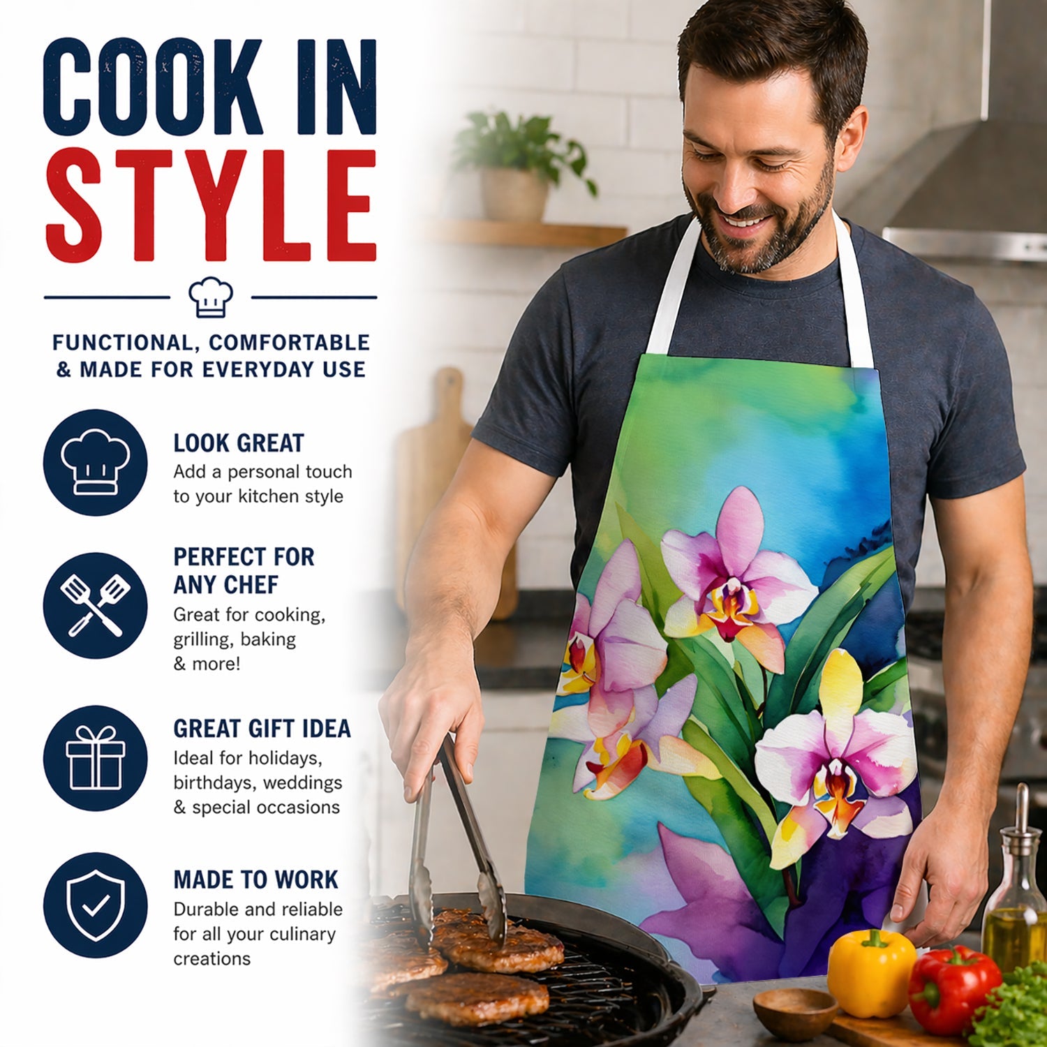 Orchids in Watercolor Apron Cooking Kitchen Server Baking Crafts Gardening for Adult Women Men, Unisex, Large, Multicolor