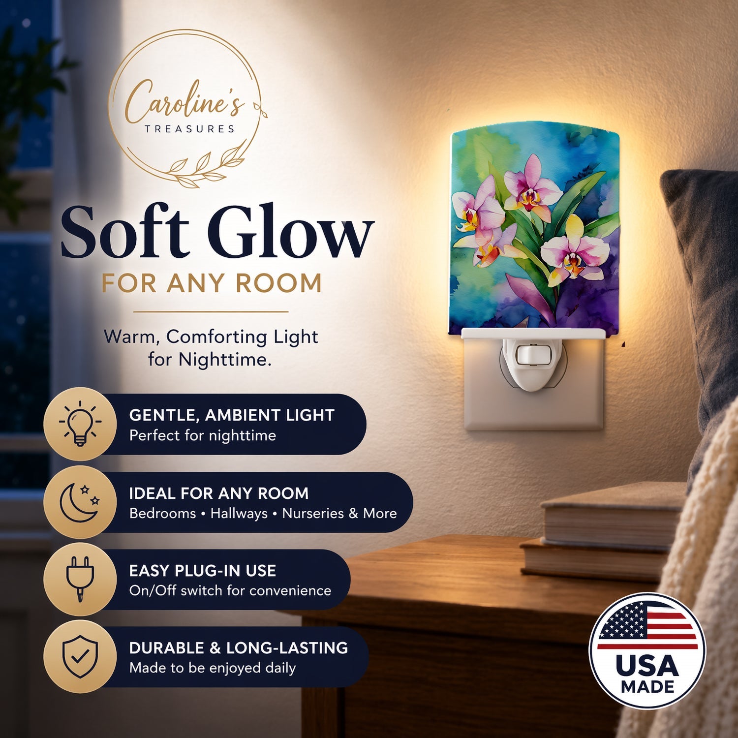 Orchids in Watercolor Ceramic Night Light Compact, UL-Certified, Ideal for Bedroom, Bathroom, Nursery, Hallway, Kitchen, 6x4x3, Multicolor