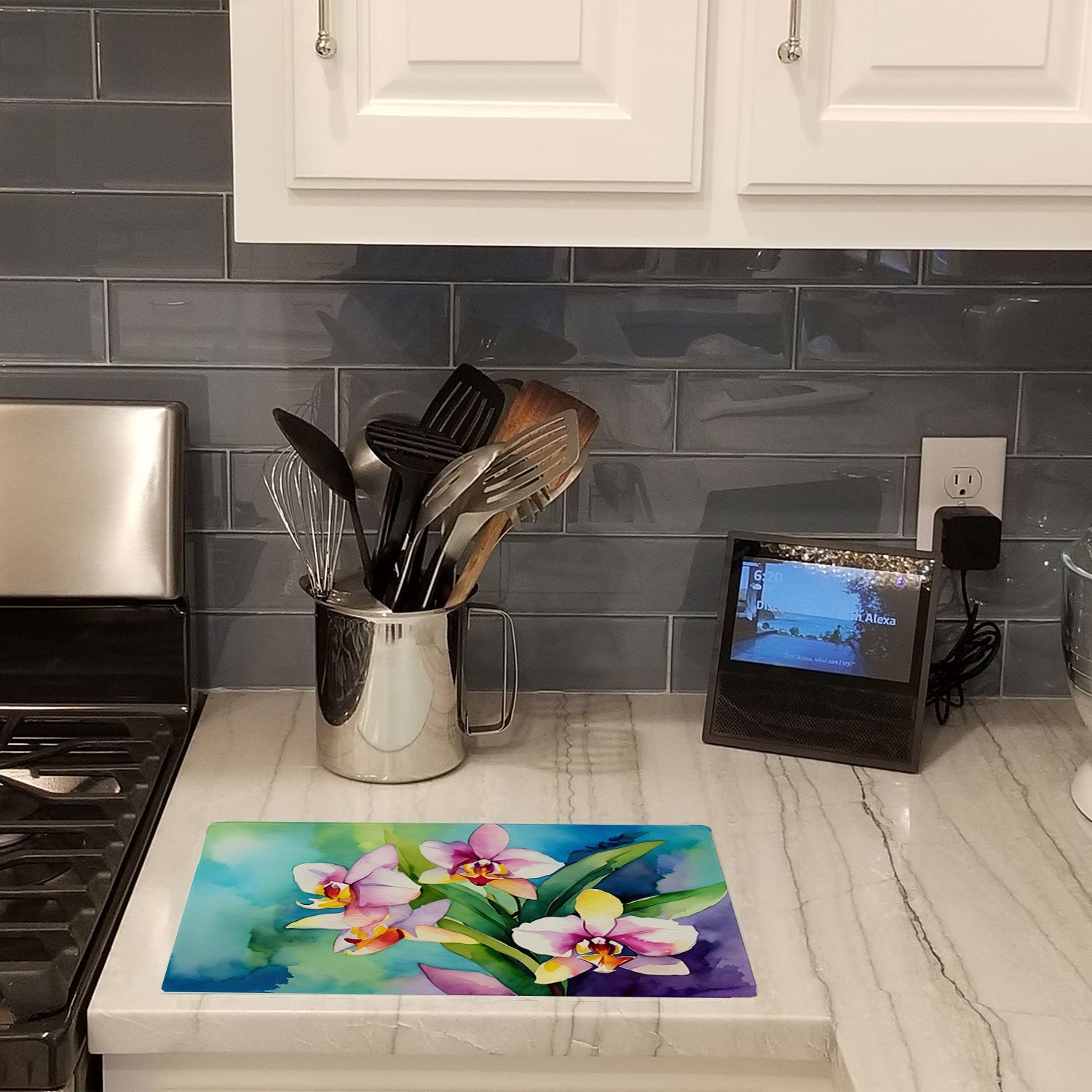Orchids in Watercolor Cutting Board Tempered Glass Kitchen Cutting Surface, Heat Resistant Chopping, Non-Slip Feet, Food Prep & Serving