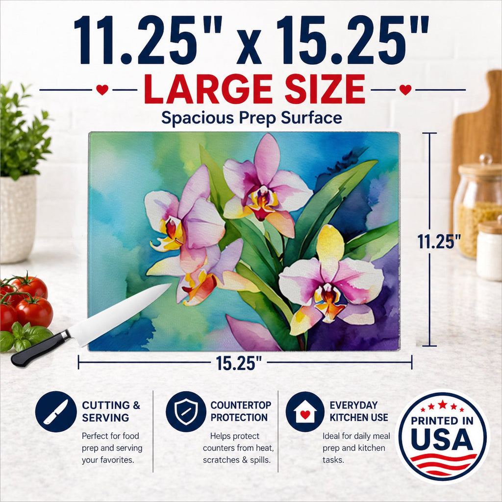 Orchids in Watercolor Cutting Board Tempered Glass Kitchen Cutting Surface, Heat Resistant Chopping, Non-Slip Feet, Food Prep & Serving