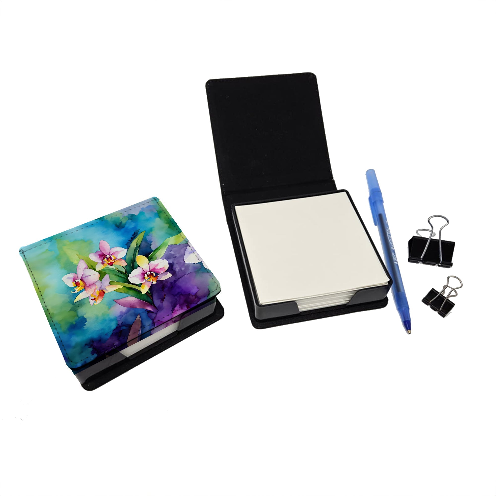 Orchids in Watercolor PU Leather Note Paper Holder with Artist-Designed Cover, Desk Accessory, Office Gift