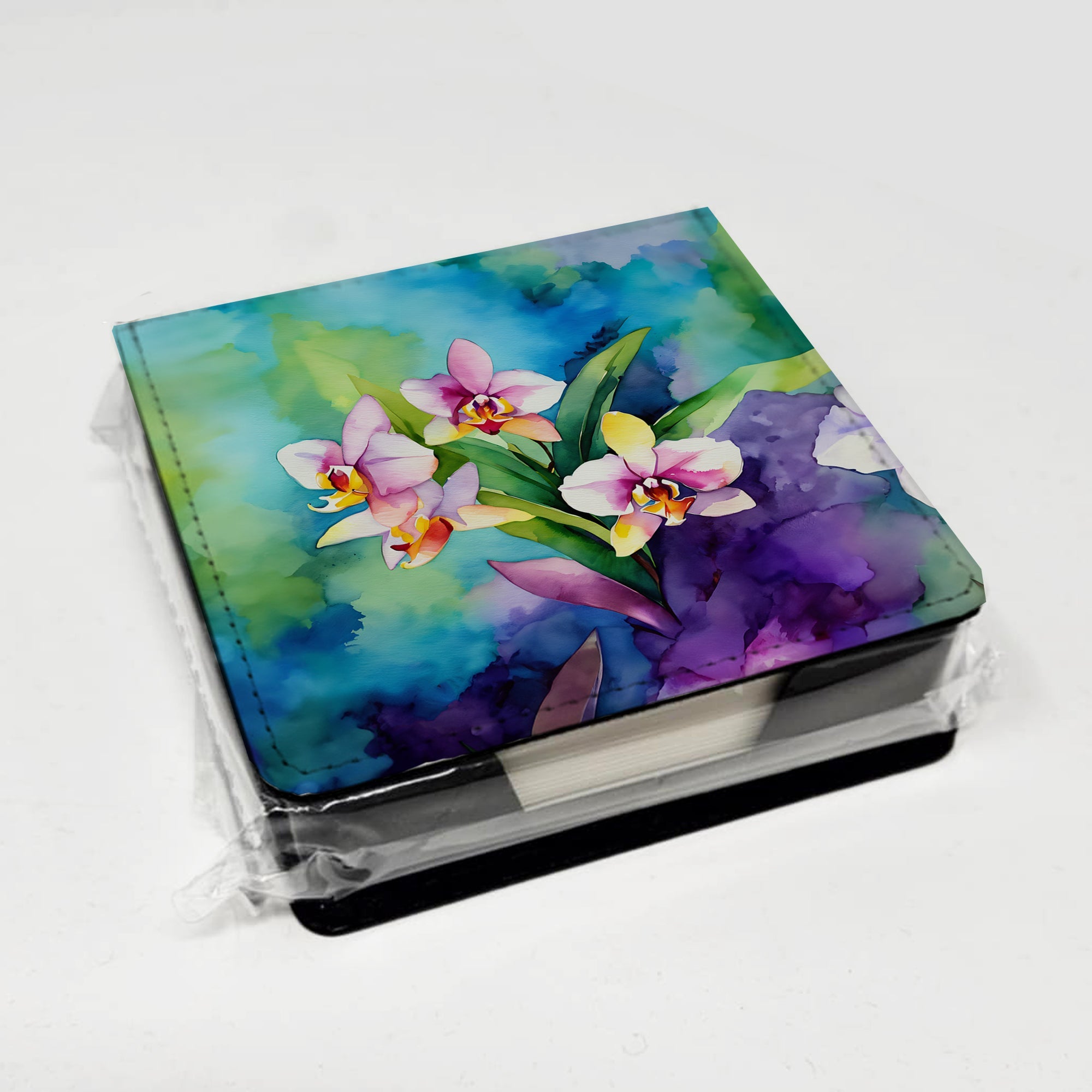 Orchids in Watercolor PU Leather Note Paper Holder with Artist-Designed Cover, Desk Accessory, Office Gift