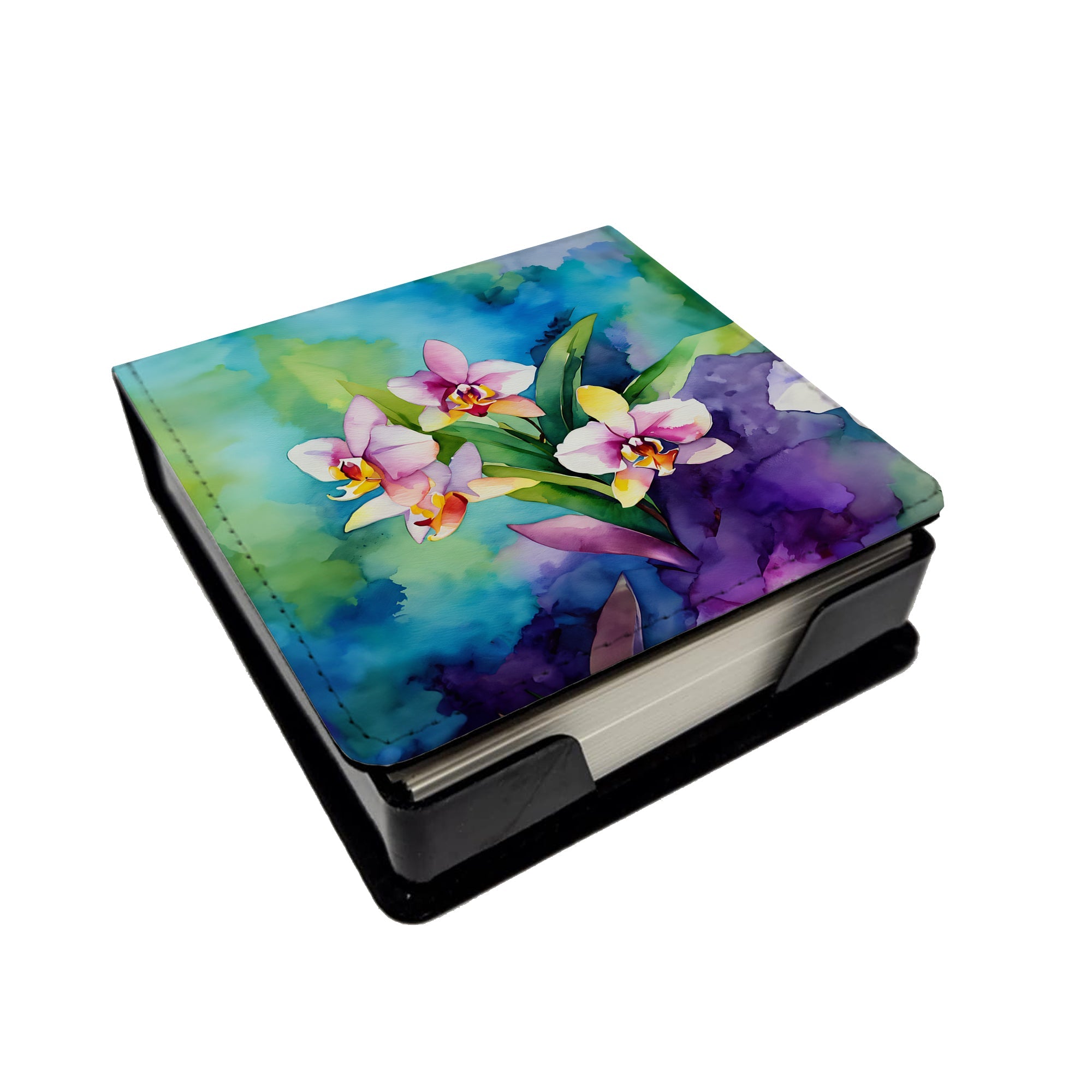 Orchids in Watercolor PU Leather Note Paper Holder with Artist-Designed Cover, Desk Accessory, Office Gift
