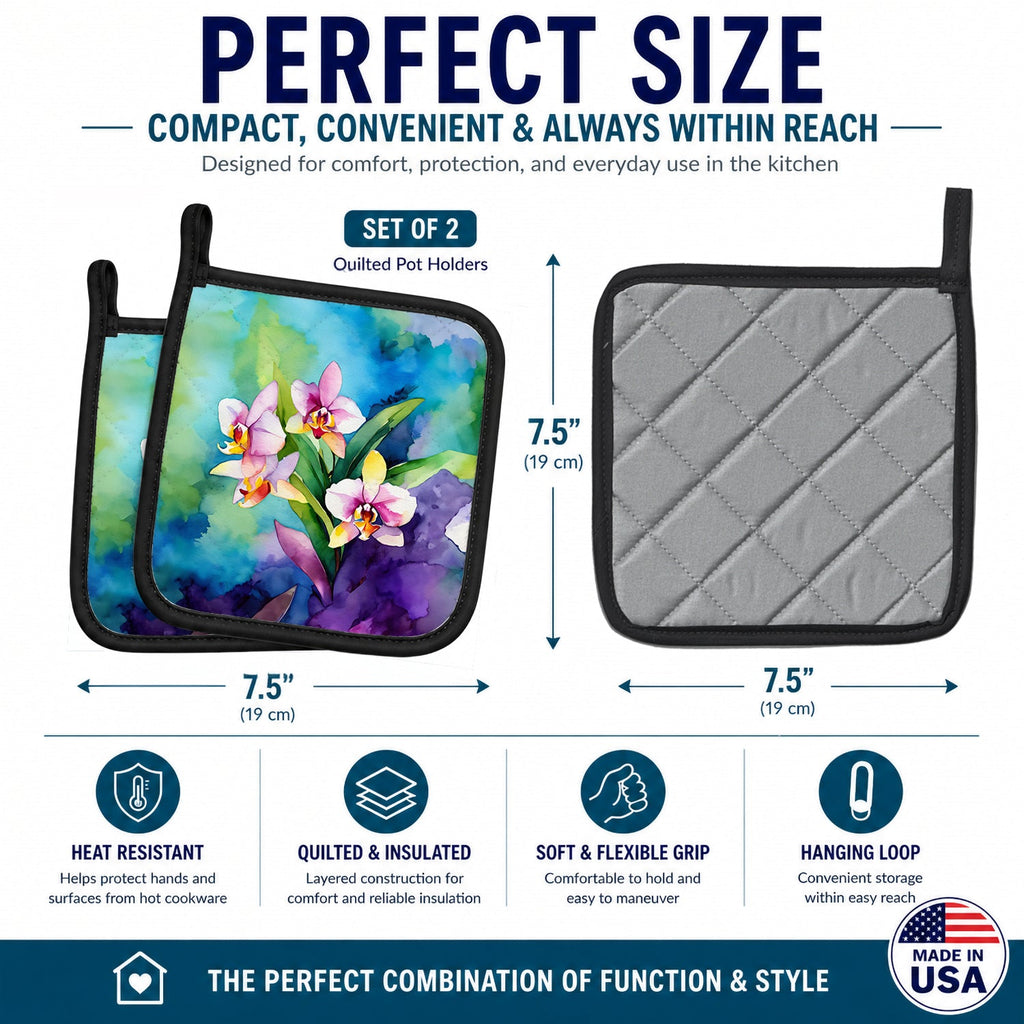Orchids in Watercolor Pot Holder Set of 2 Heat Resistant Quilted Hot Pads 7.5 x 7.5 Inch, Insulated Kitchen Trivets for Cooking & Baking
