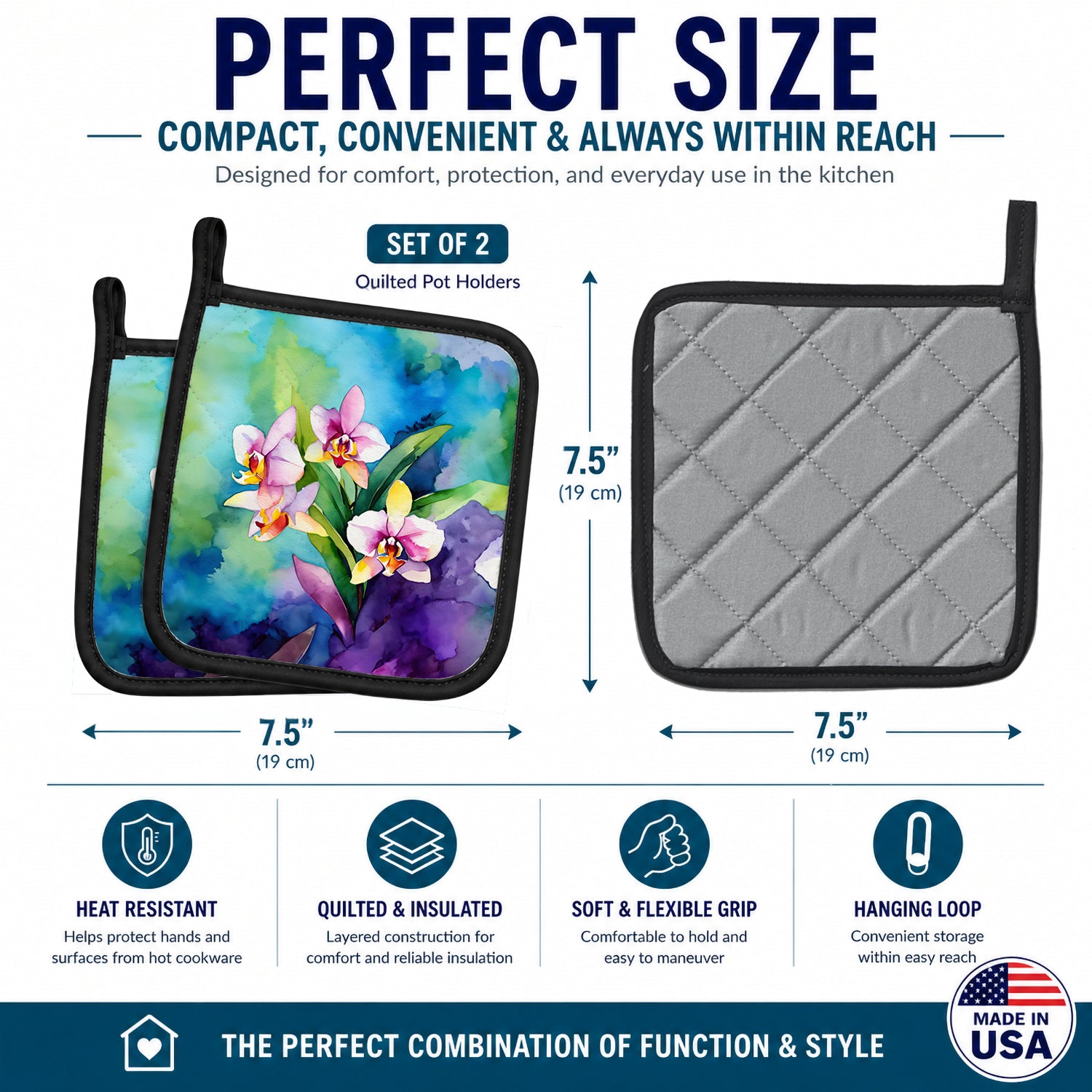 Orchids in Watercolor Pot Holder Set of 2 Heat Resistant Quilted Hot Pads 7.5 x 7.5 Inch, Insulated Kitchen Trivets for Cooking & Baking