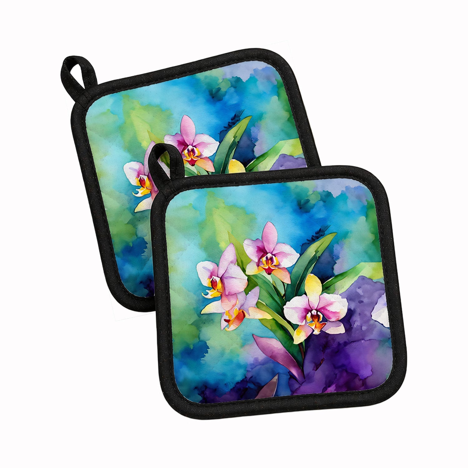 Orchids in Watercolor Pot Holder Set of 2 Heat Resistant Quilted Hot Pads 7.5 x 7.5 Inch, Insulated Kitchen Trivets for Cooking & Baking