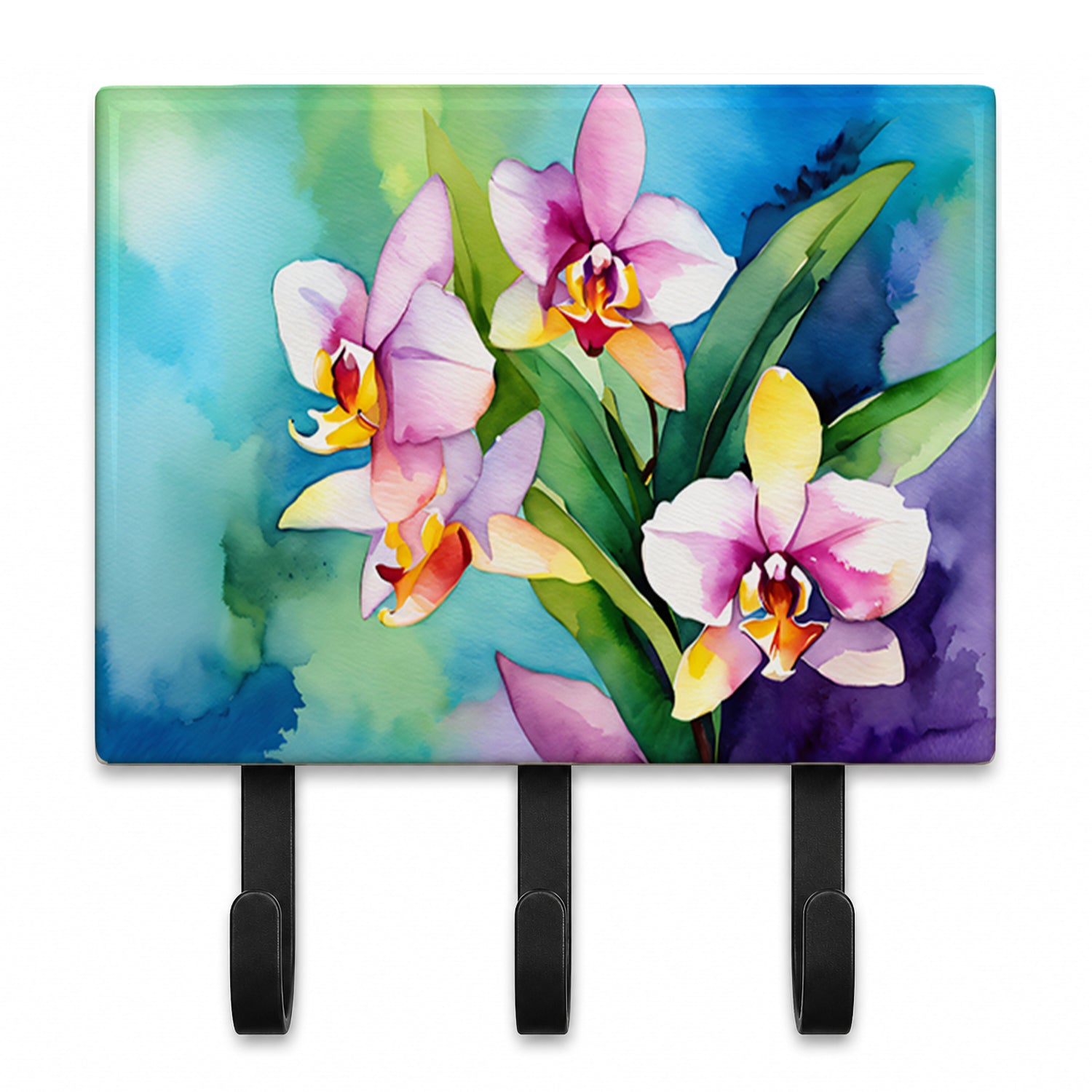 Orchids in Watercolor Leash or Key Holder Wall Hooks, Coat Rack Wall Mount, for Hanging Keys, Towels, Aprons, Leashes