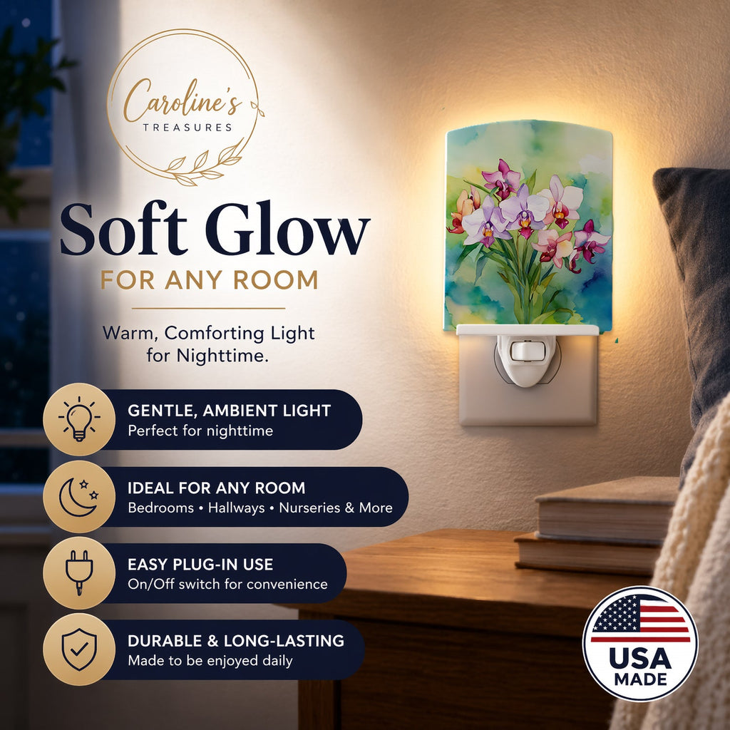 Orchids in Watercolor Ceramic Night Light Compact, UL-Certified, Ideal for Bedroom, Bathroom, Nursery, Hallway, Kitchen, 6x4x3, Multicolor