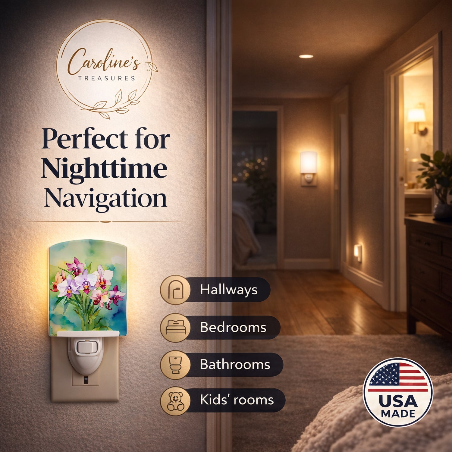 Orchids in Watercolor Ceramic Night Light Compact, UL-Certified, Ideal for Bedroom, Bathroom, Nursery, Hallway, Kitchen, 6x4x3, Multicolor